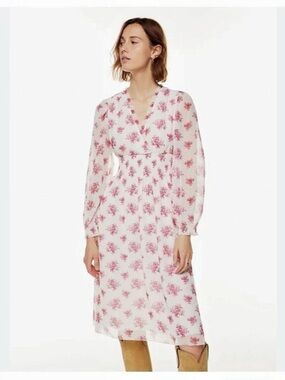 Aritzia Wilfred Faraway Puff Sleeve Floral Midi Tea Dress Pink White SZ XXS